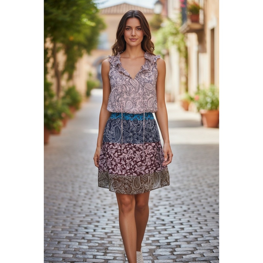 Cabi Paisley Tiered Ruffle‎ Neck Smocked Waist Sleeveless Mini Dress XS